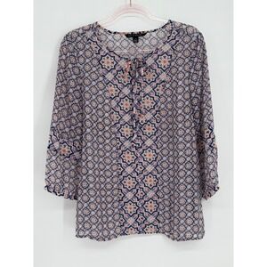 Zac & Rachel Womens Blue Orange Medallion Print Tie Neck 3/4 Sleeve Blouse Sz L